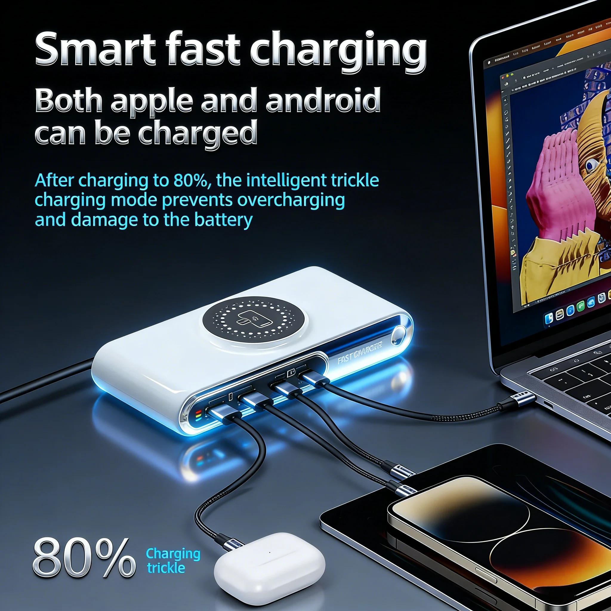Desktop Fast Charger Station,Multi Port USB Wireless Charger Dock,Convenient for Phone Tablet Smart Device