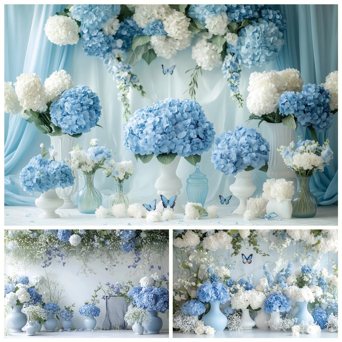 

Blue Flowers Butterfly Photography Background Fantasy Flowers Child Birthday Party Portrait Decor Backdrop Photo Studio Props