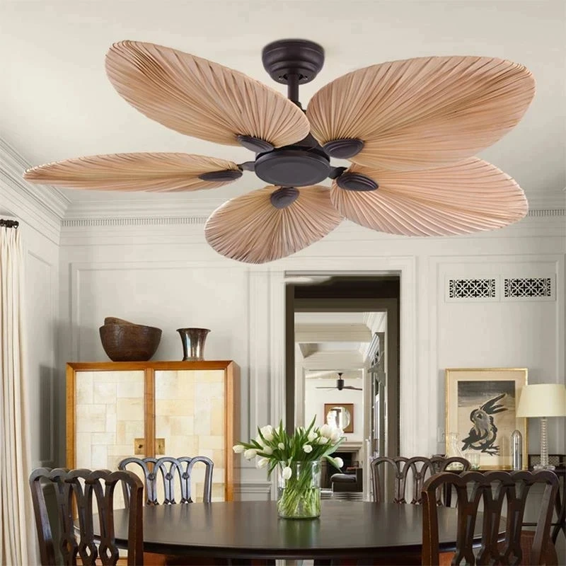 Plafond de 52 pouces avec ventilateur et télécommande, décoration fantaisie, lame de feuille de palmier, Design à la mode, sans lampe, 6 vitesses réglables