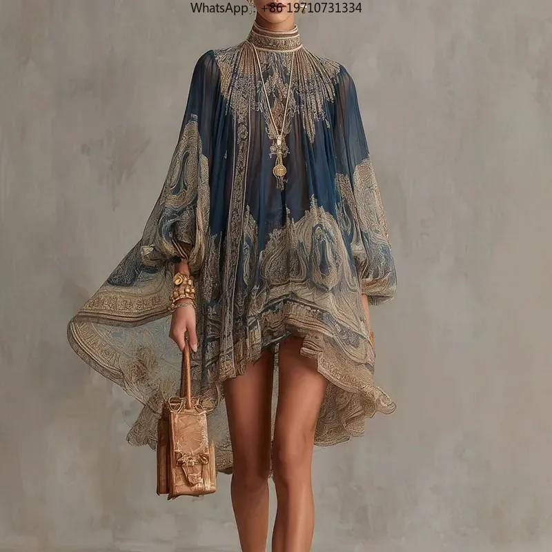 Vintage Pattern Print Mini Dress for Women Spring High Neck Puff Sleeve Asymmetric Hem Dress Summer Bohemian Holiday Beach Dress