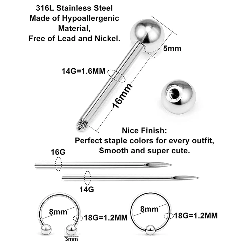 Piercing Kit Stainless Steel Eyebrow Rings Horseshoe Rin Industrial Piercing Jewelry Rings Women Men 14G 16G Piercing Needles