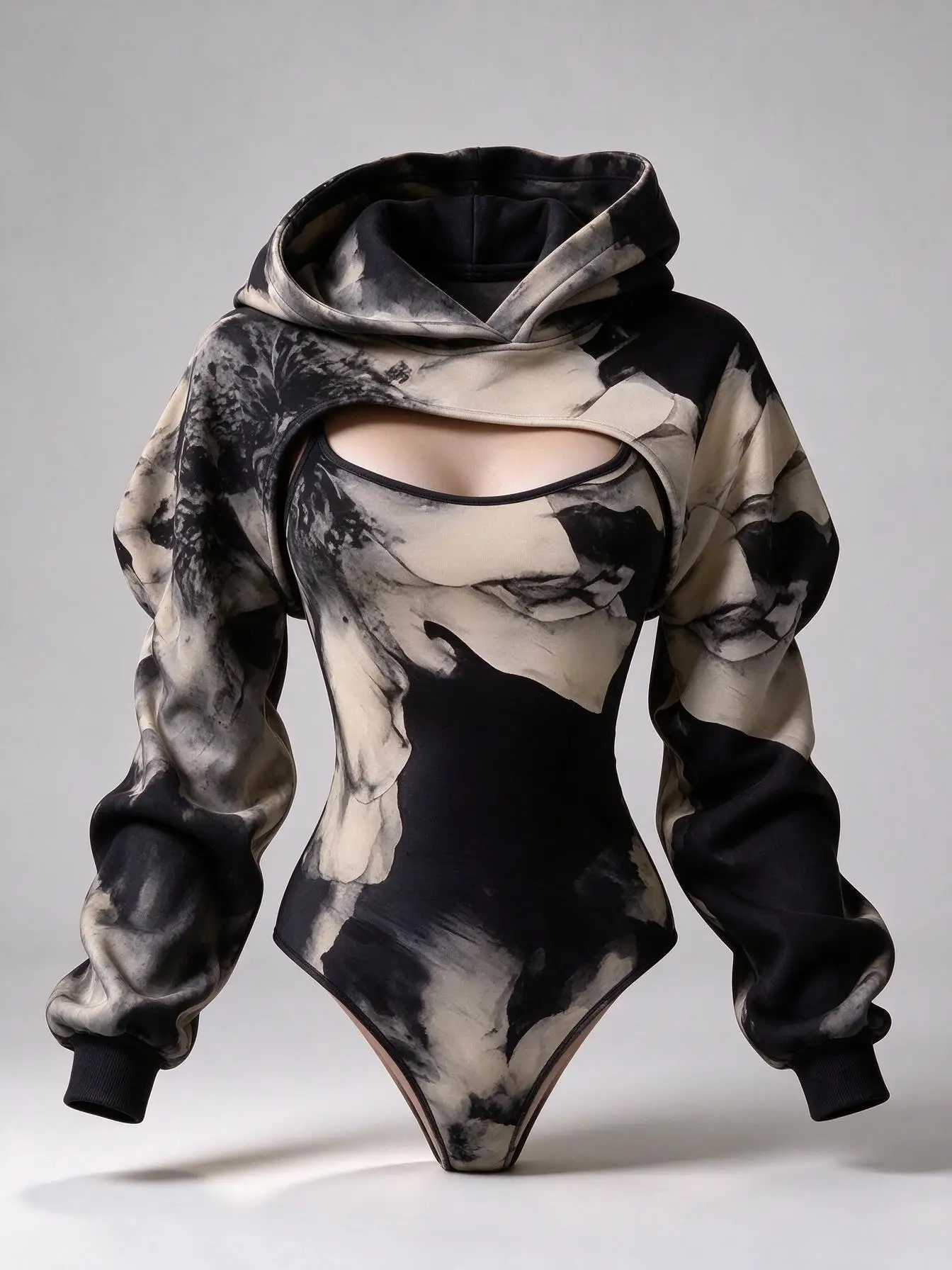 Women Abstract Ink Wash Print 2Pcs Outfit, Long Sleeve Hooded Shrug & Slim Bodycon Bodysuit