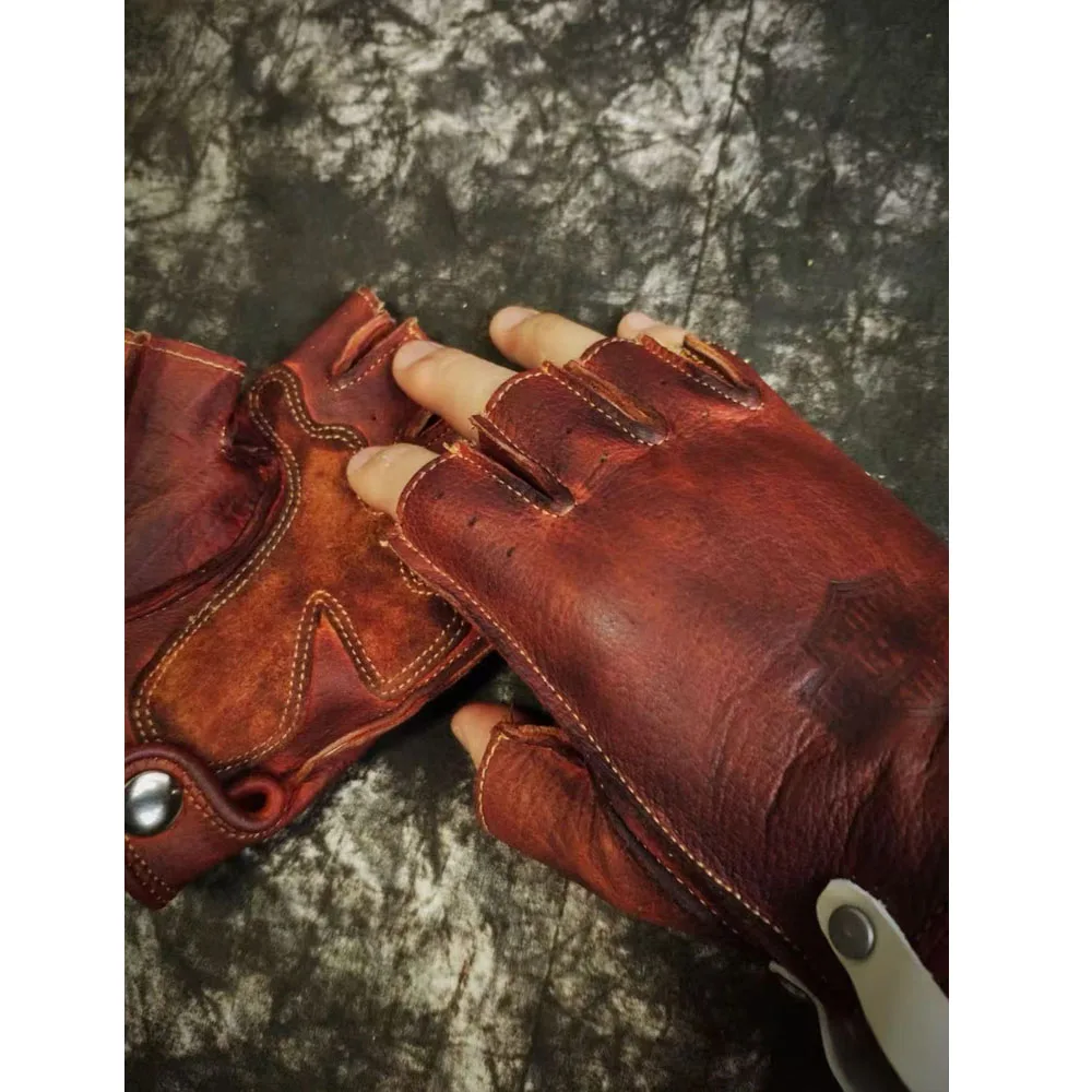 handmade-genuine-leather-cowhide-half-finger-short-summer-breathable-motorcycle-punk-metal-half-cut-retro-distressed-gloves