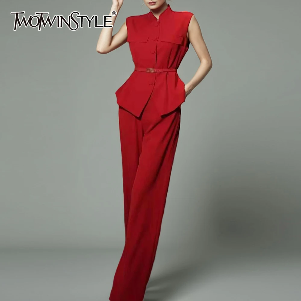 

TWOTWINSTYLE однотонные комплекты из двух предметов для женщин, однобортный топ без рукавов со стойкой, брюки с высокой талией, элегантный женский комплект
