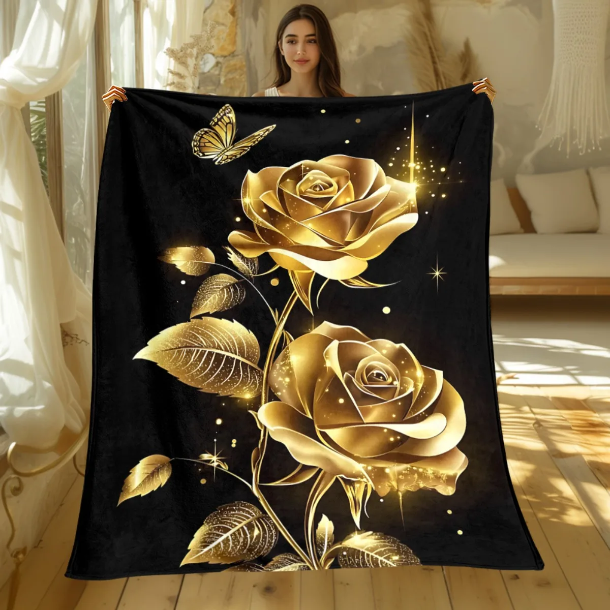Dreamy Floral Throw Blanket Shiny Crystal Pink Roses Sparkle Pearl Soft Gradient Tone Romantic Stylish Pattern Decor Blanket