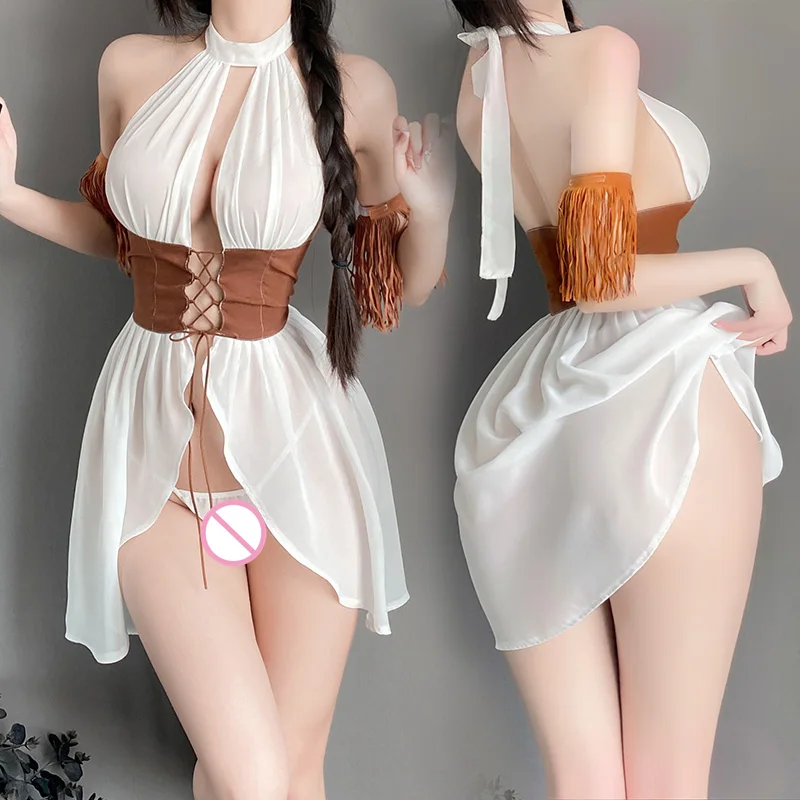 Sexy Lingerie Exotic Open Bra Corset Costume Porn Cowboy Outfit Seductive Halter Dress Tassel Handband See Through Greek Goddess