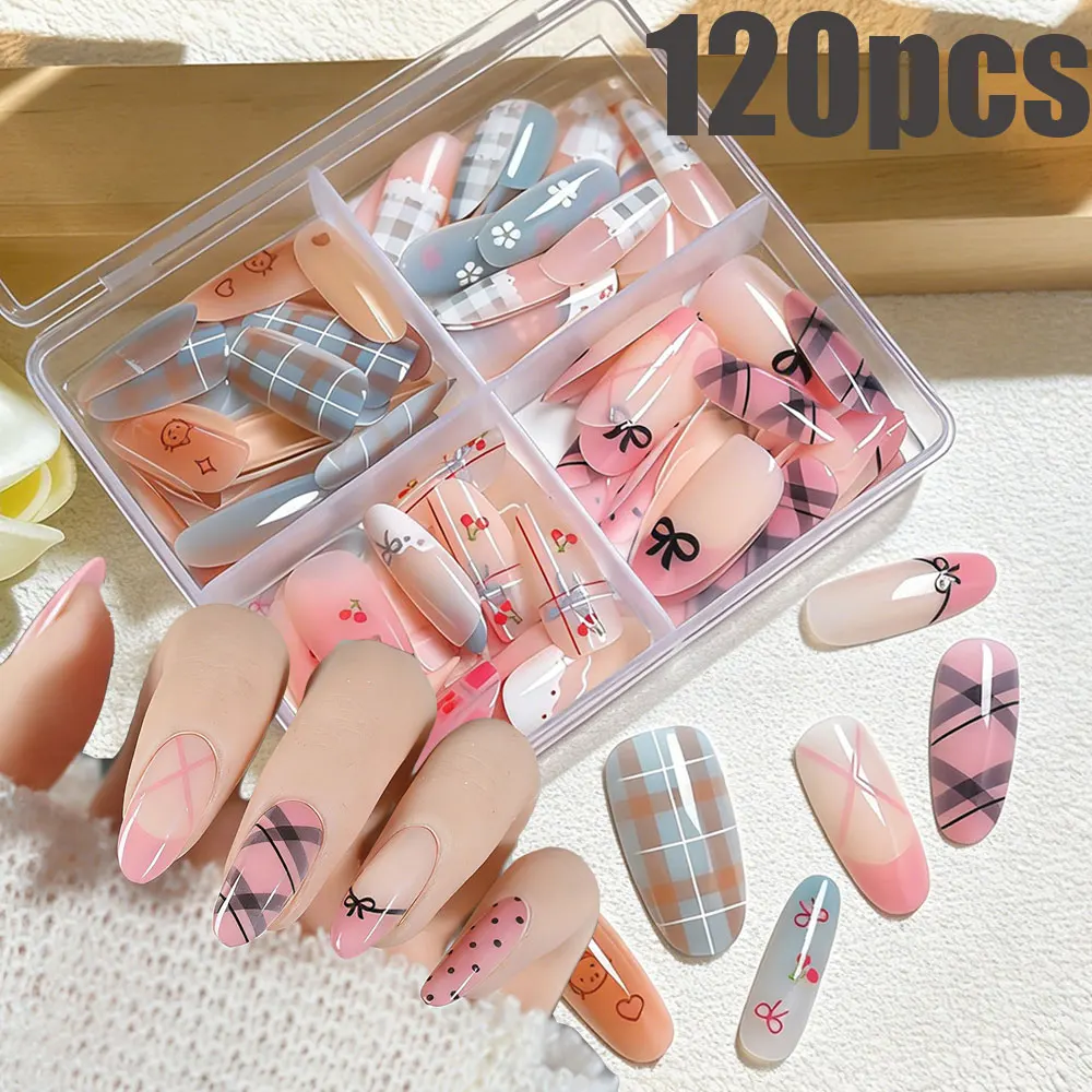 

120Pcs Sweet Nude Pink French Tips Press On Nails Black Bow Plaid spots Decor False Nails Full Cover Fake Nails for Daily Party