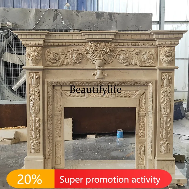 N178 Marble fireplace stone carving European beige French relief decorative cabinet fireplace customization