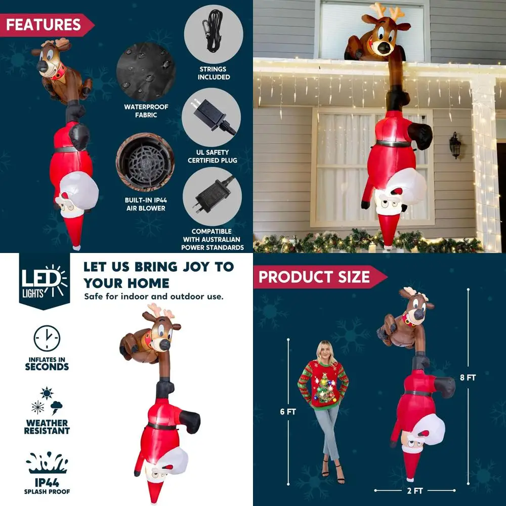 

Рождественские надувные украшения длиной 8 футов: олень и лазание Санта-Клауса со светодиодной подсветкой для праздничного двора, сада и лужайки