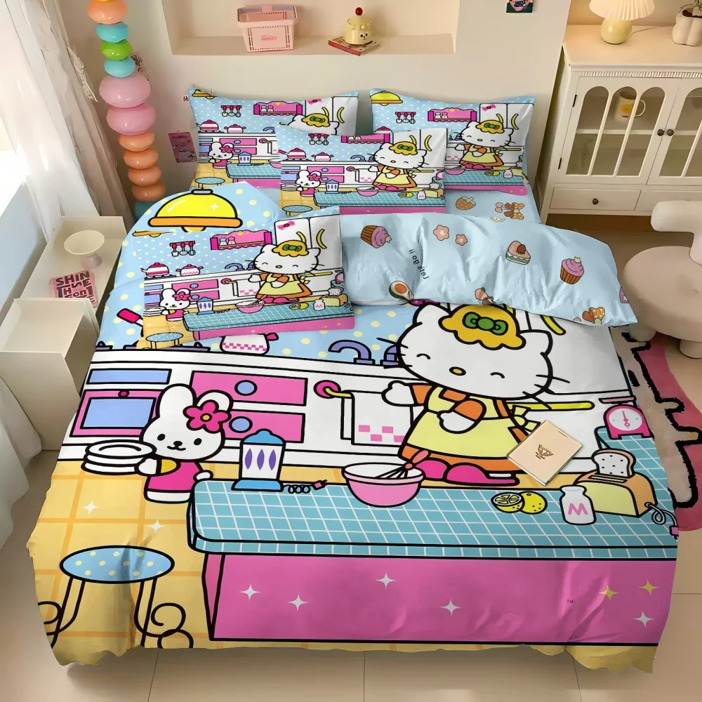 Hello Kitty Cartoon Duvet Cover Set - Soft Bedding Set with Pillowcase, Christmas Gift Printed Quilt Cover for Bedroom, Full/Que