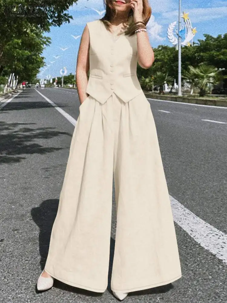 2024 ZANZEA Summer OL Work Trousers Suits Elegant Sleeveless Tops Wide Leg Pants Sets Women Casual Loose Holiday Tracksuit 2PCS