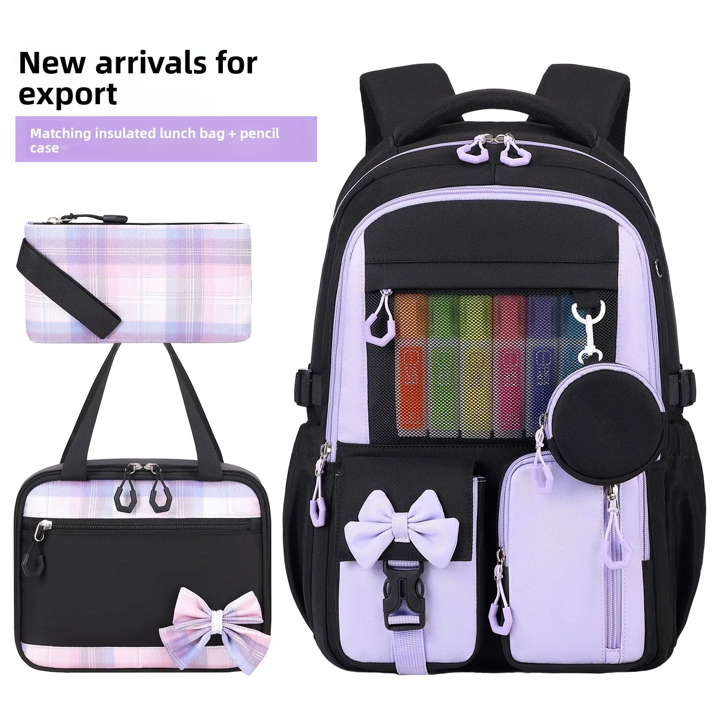 3PCS Cartoon Backpack,lunch Bag,Pencil Case Set Oxford Cloth Waterproof Bow-knot Schoolbag Set Lightweight Large Capacity