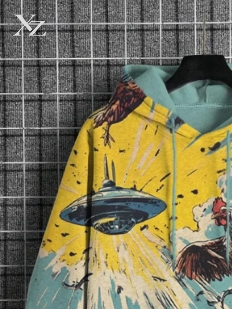Men's Casual Hoodie Chicken UFO Explosion Sci-Fi Art Print 2026 Autumn Long Sleeve Harajuku Japanese Tunics Man Clothes