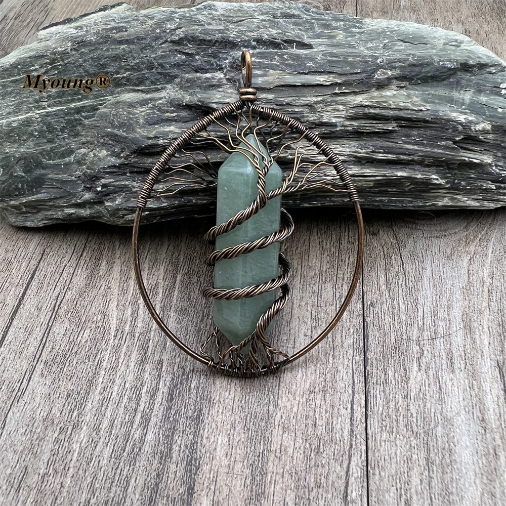 Hexagonal Column Natural Aventurine Quartz Life Of Tree Wire Wrapped Pendants MY230475