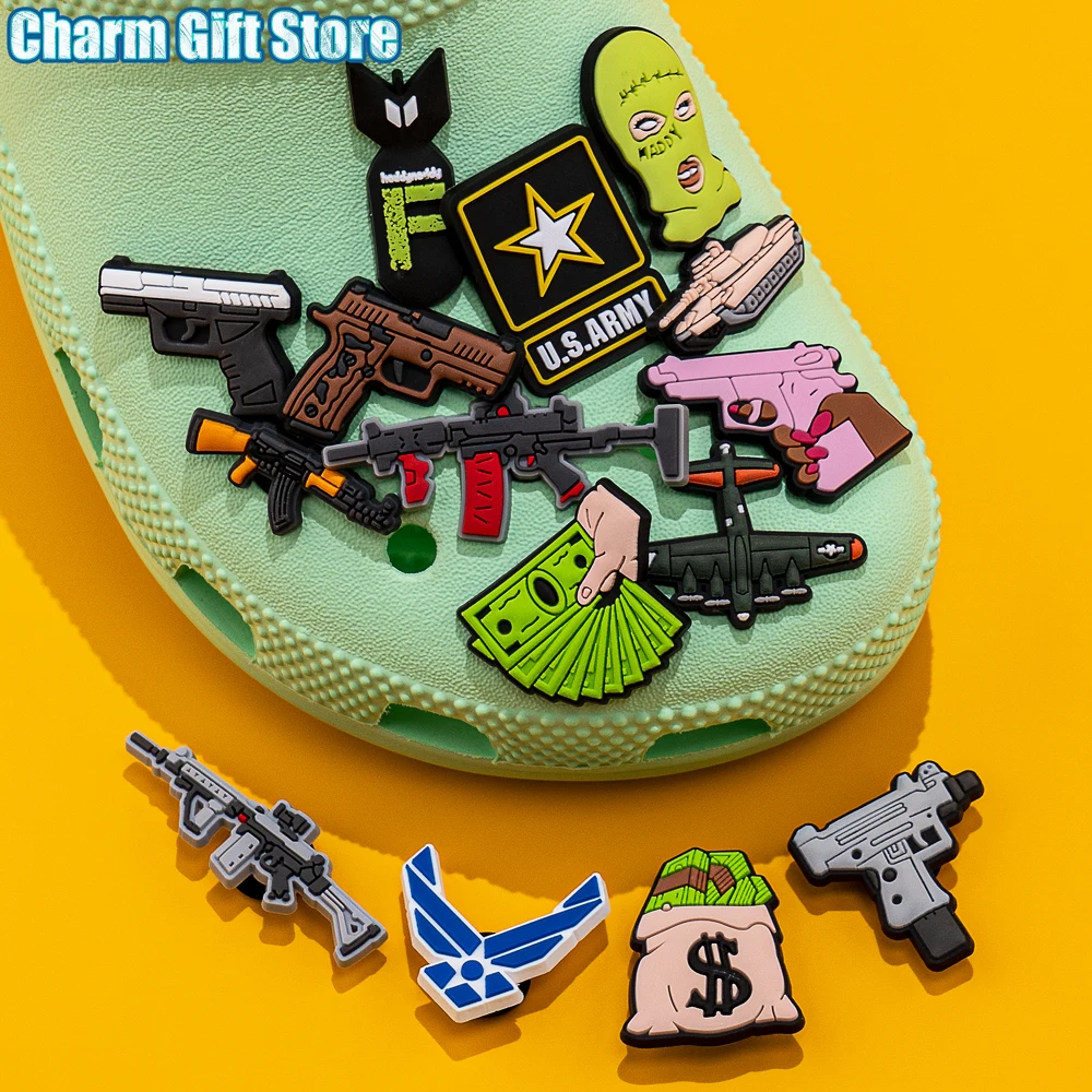 

1pcs PVC Guns Croc Charms Tanks Aircraft Missiles Shoe Charms for Sneakers Pin Croc Dollar Shoe Decorations Buckle