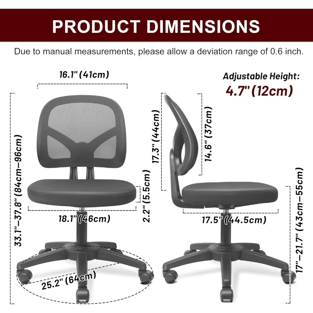 Armless Mesh Office Chair Ergonomic Small Desk Chair No Arms Black Swivel Computer Chair with Wheels