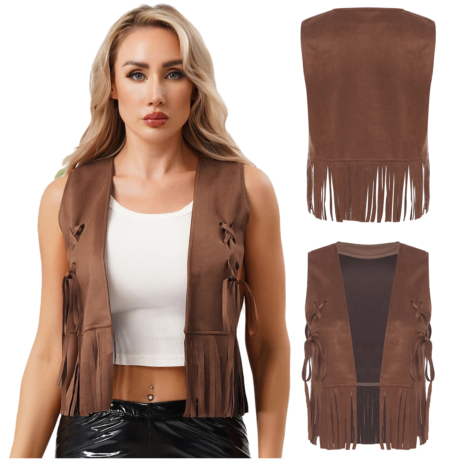

Womens Western Cowgirl Cosplay Dress Up Cropped Tank Top Open Front Tying Decor Tassel Trim Cardigan 70s Hippie Disco Dance Vest