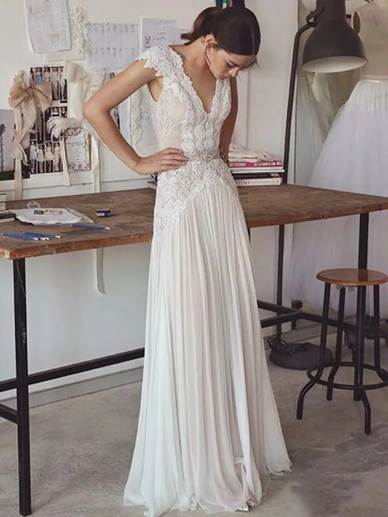 Boho V Neck Wedding Dresses Chiffon Bohemian Wedding Gowns Cap Sleeves Backless Pleated Skirt Elegant A line Bridal Gowns