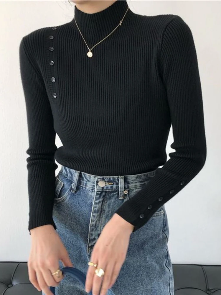 Pull slim à col roulé à manches longues pour femmes, pulls boutonnés pour femmes, fond doux et chaud, automne et hiver