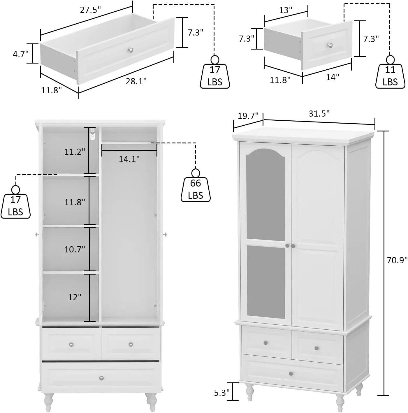 Hitow 2 Door Wardrobe Armoire Closet with Mirror, Retro Wardrobe Cabinet Hanging Rod, Bedroom Armoire Dresser Wardrobe Clothes