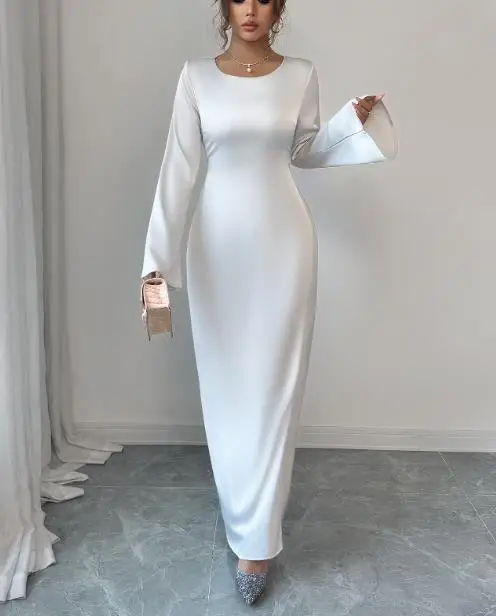 가을 캐주얼 우아한 텍스처 고급스러운 새틴 드레스, 여성용 기품 있는 슬림핏 레이스업 허리 A라인 긴 소매 드레스