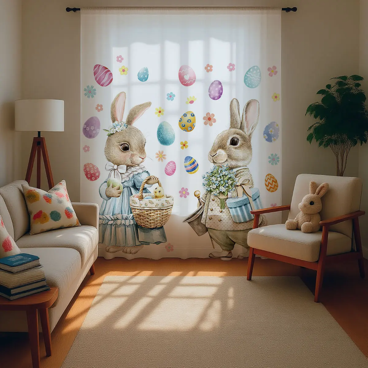 1PC Easter Bunny Sheer Curtain - Rabbit & Egg Pattern Pole Window Curtain for Spring Kids' Room Decor