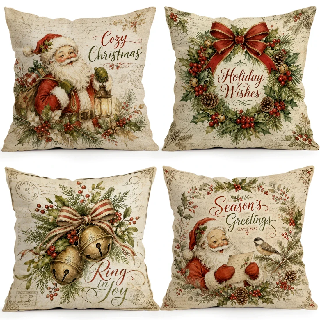 1/4pcs Vintage Bell Christmas Cushions Pillowcase Polyester Cushion Cover Throw Pillow Pillowcover Home Car Sofa Decor