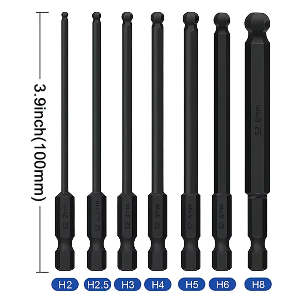 7PCS 9PCS 10PCS Magnetic Ball End Allen Hex Bits, 1/4 Inch Hex Shank 100mm Long Metric Hex Driver Bit Set for Drills