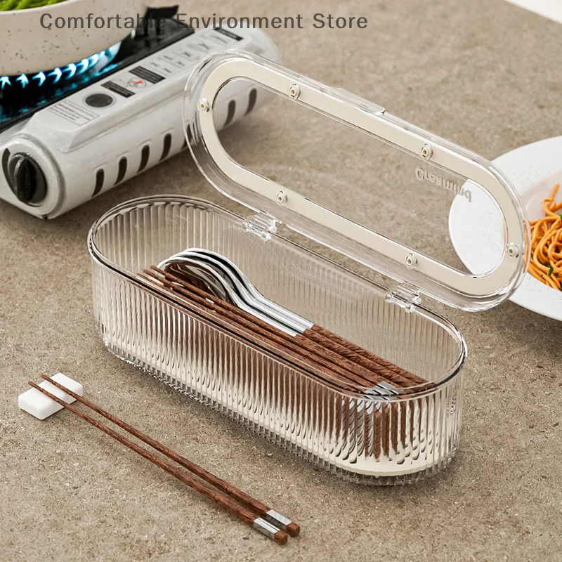 

1 Pc Luxury Transparent Household Dustproof Chopstick Box With Lid Kitchen And Restaurant Spoon Fork Cutlery Storage Box