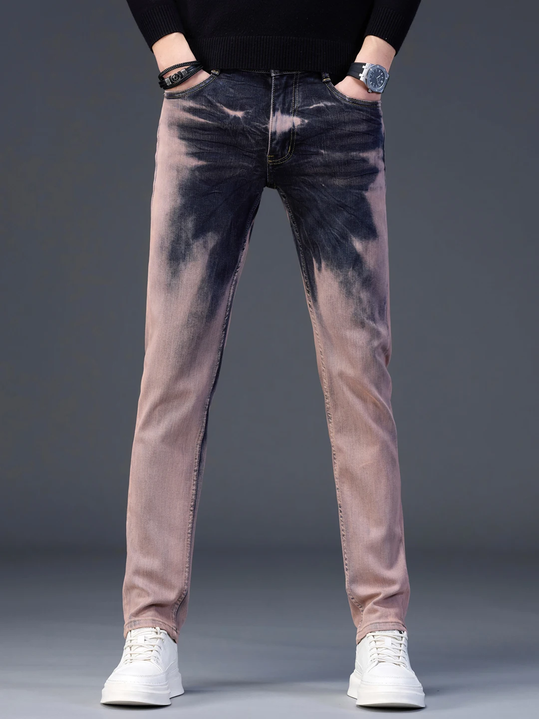 

Мужские джинсы премиум-класса с эффектом тай-дай, зауженные, повседневные, эластичные, со средней посадкой, асимметричные, из хлопкового стрейч-денима, зимние, износостойкие, винтажные