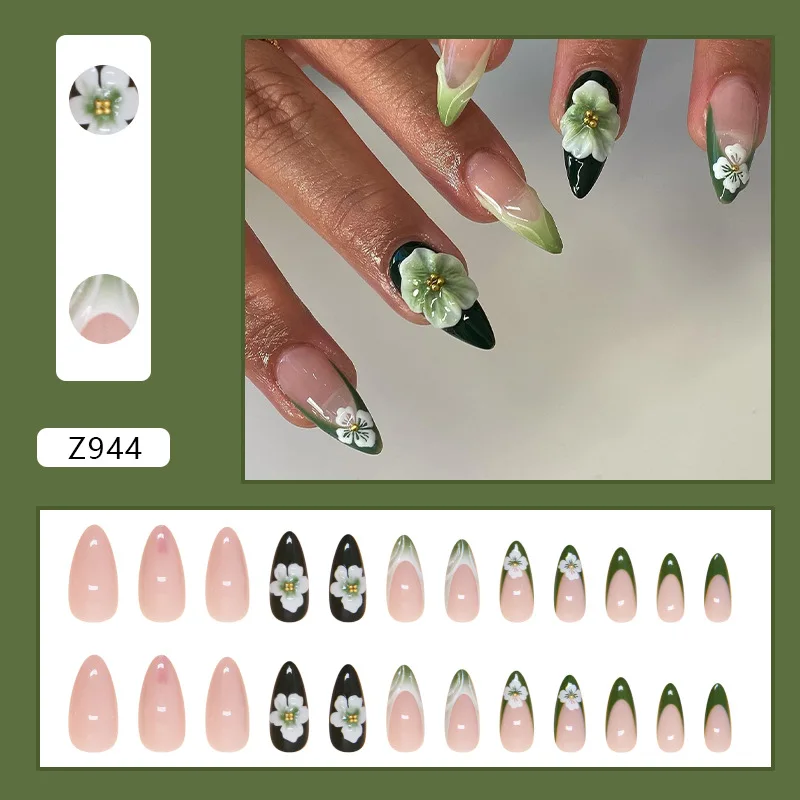 24pcs Green French Style Press On Nails White Flower Water Ripple Pattern False Nail Tips Detachable Fake Nail For Cool Girls