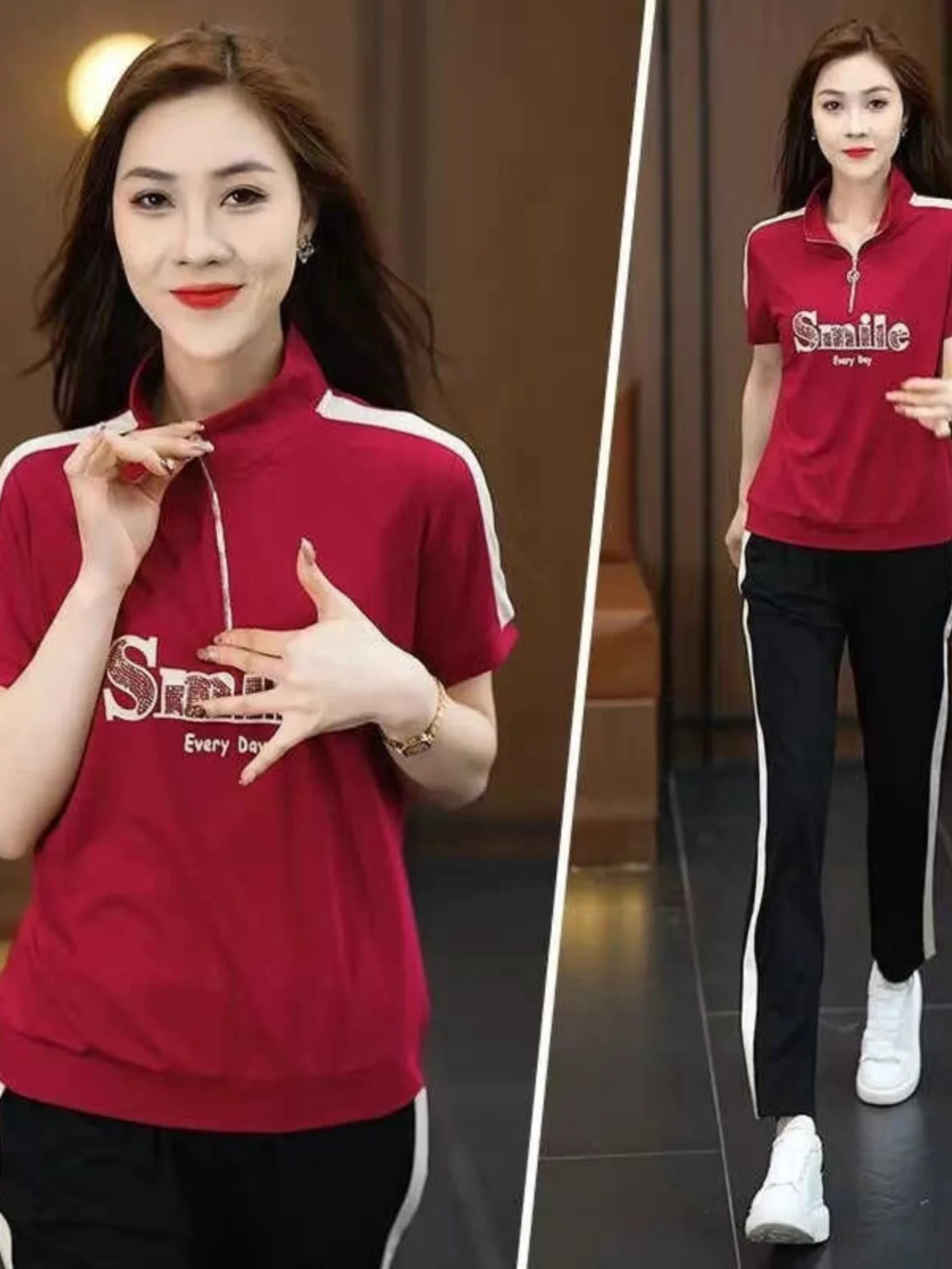 

Summer Women's Fashion Sportswear Two-Piece Set High-End Korean Style Slimming Contrast Collar Design Elasticated Waist