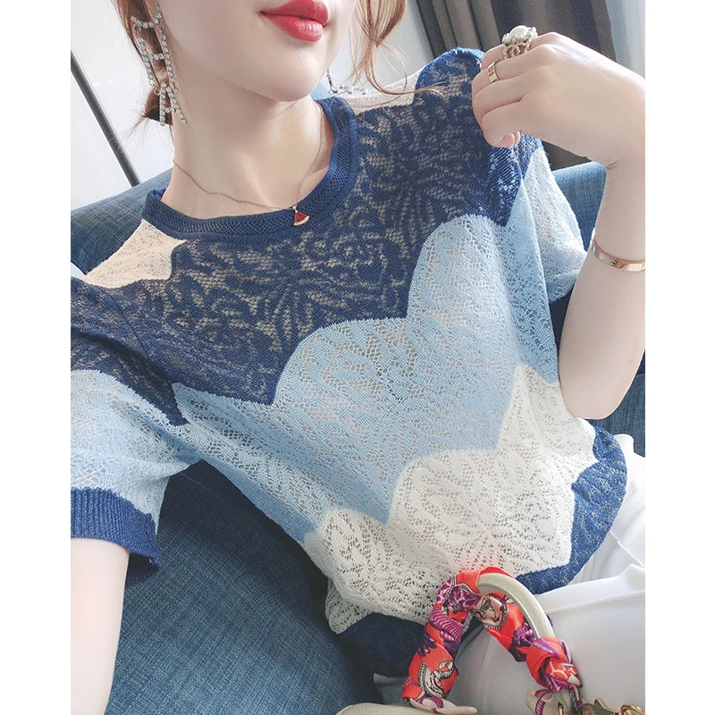 Temperament Round Neck Hollowed Out Women's Summer New Fashion Small Fragrant Style Short Sleeved Ice Silk Knitted T-shirt Tops