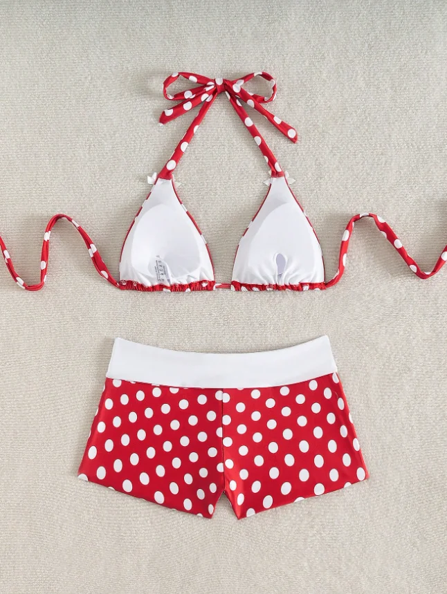 Damski dwuczęściowy seksowny czerwony strój kąpielowy w kropki, sznurowany zestaw bikini z ozdobną kokardą, odzież plażowa na wakacje.