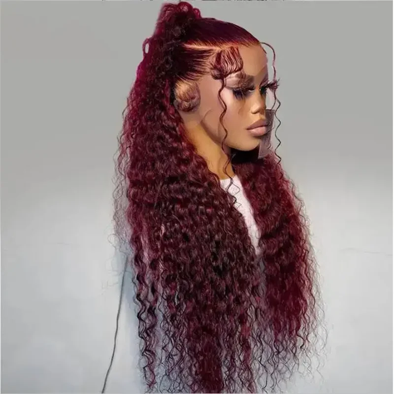 Long 26Inch 180%Density Soft Glueless Wine Red  Kinky Curly Lace Front Wig For Women With Baby Hair Synthetic Preplucked Daily