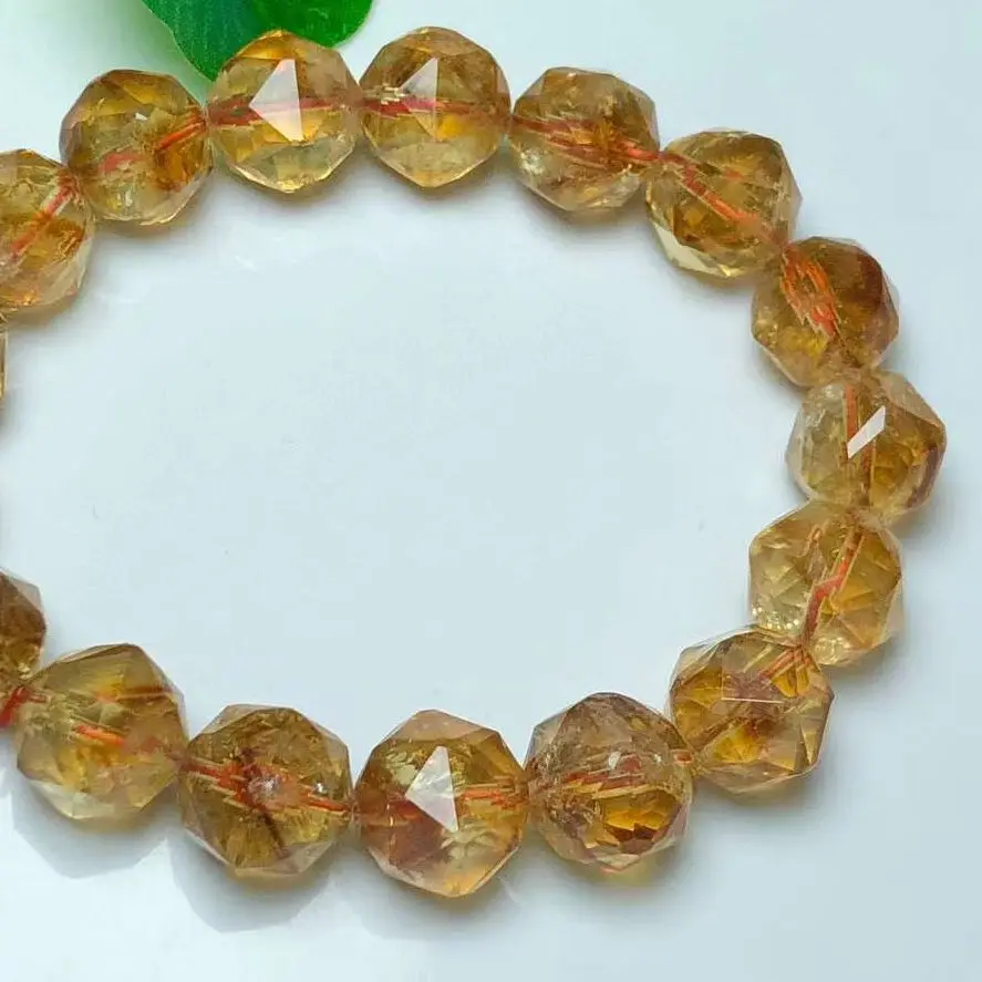 Natural Citrine Facet Beads Bracelet Handmade Real Quartz Jewelry for Woman Men Unisex Stretch Bangle Gift