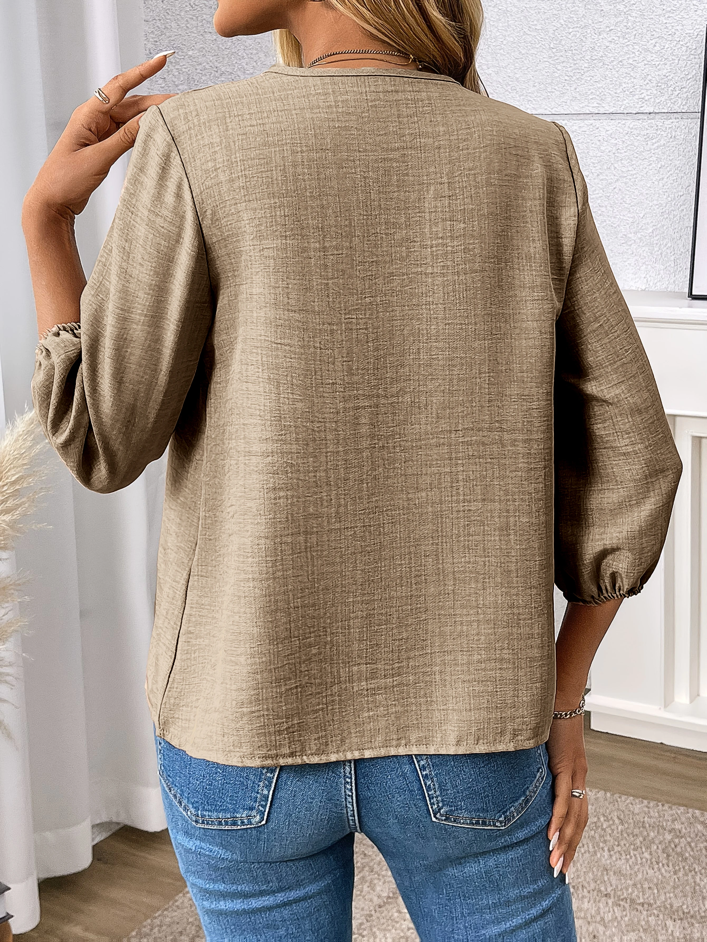 Autumn Winter Women Shirt V Neck Zipper Lantern Long Sleeve Solid Casual Loose Blouses Office Lady Elegant Fashion Tops Female view 4