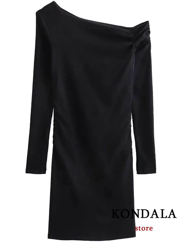 KONDALA Vintage Casual Chic Women Dress Solid Black Asymmetrical Long Sleeve Straight Vestidos Fashion 2024 Party Evening Dress