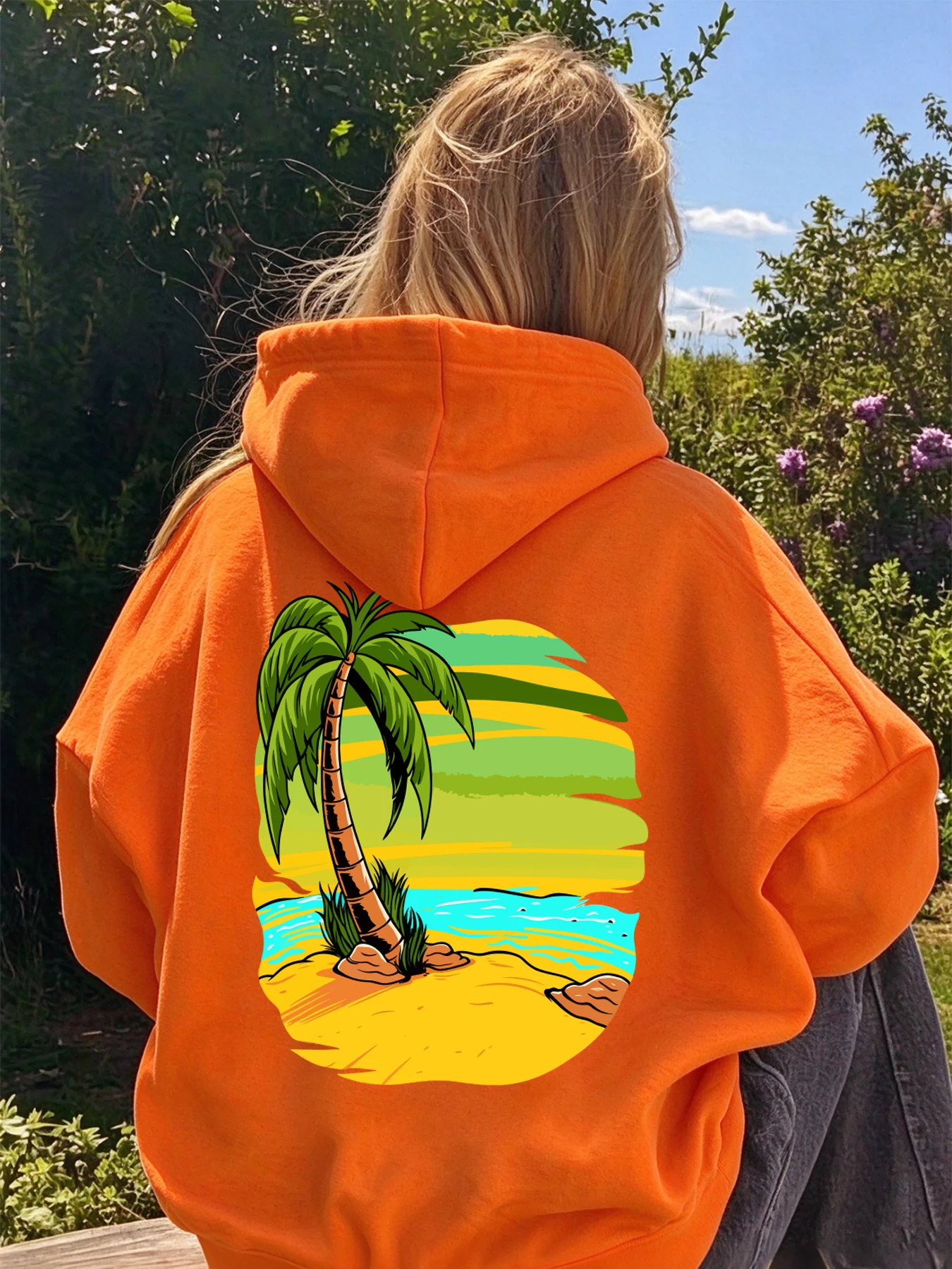 Beach Palm Tree Print Women'S Hoodies Pocket Running Sportswear Fleece Loose Female Pullover Autumn Comfortable Y2K Hoody