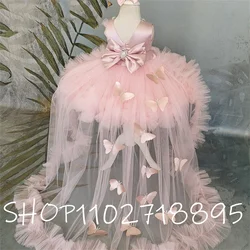 Puffy Girl Dress Pink Baby Dress with Train Flower Girl Dress Bow Cute Kid's Child Birthday Dresses Frist Communion