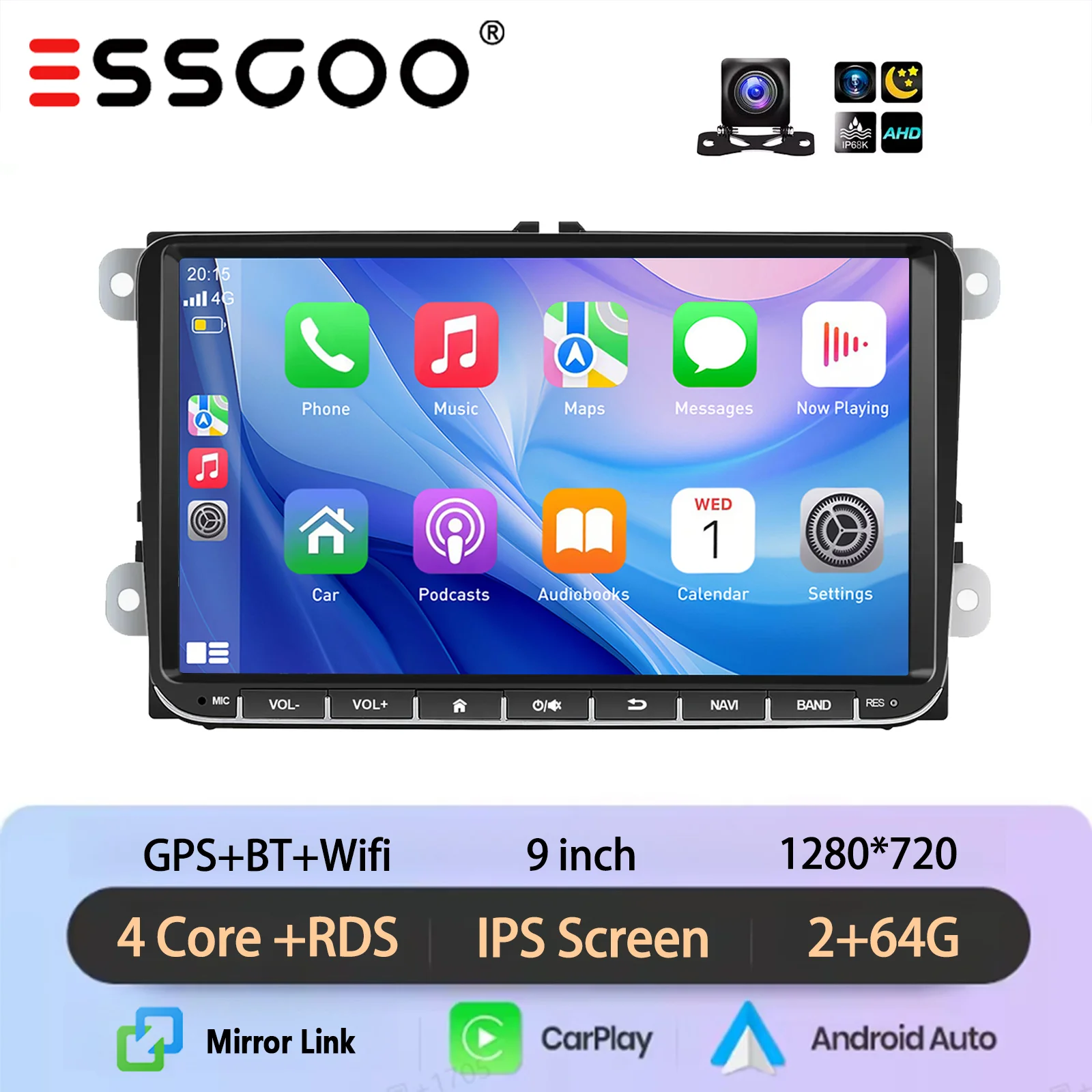 ESSGOO 9 inch Android 15 64GB autoradio voor VW Golf MK5 6 Passat Polo Touran Caddy EOS Jetta Seat Skoda met draadloze Carplay GPS navigatie BT