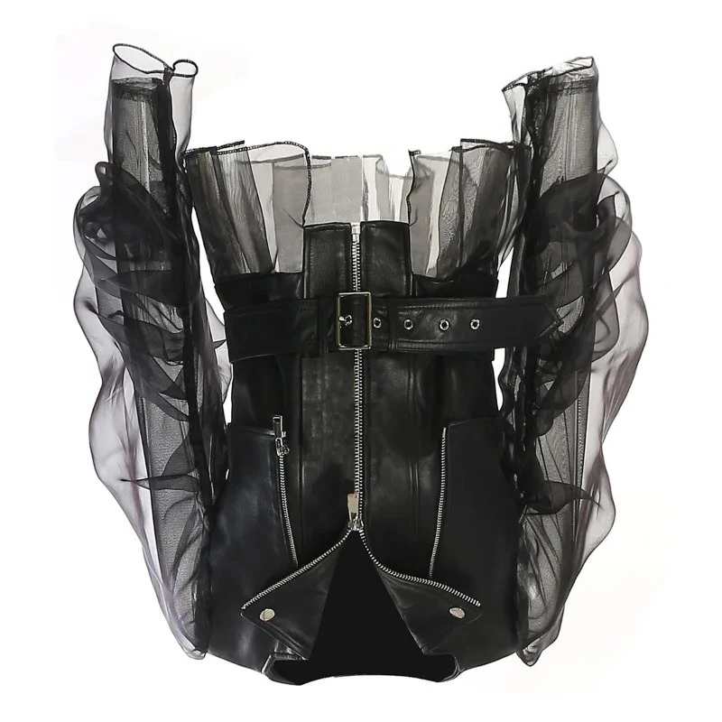 

New Domineering Stitching Mesh See-through Leather Jacket Locomotive Jacket Women High Appearance Level Temperament Commuting
