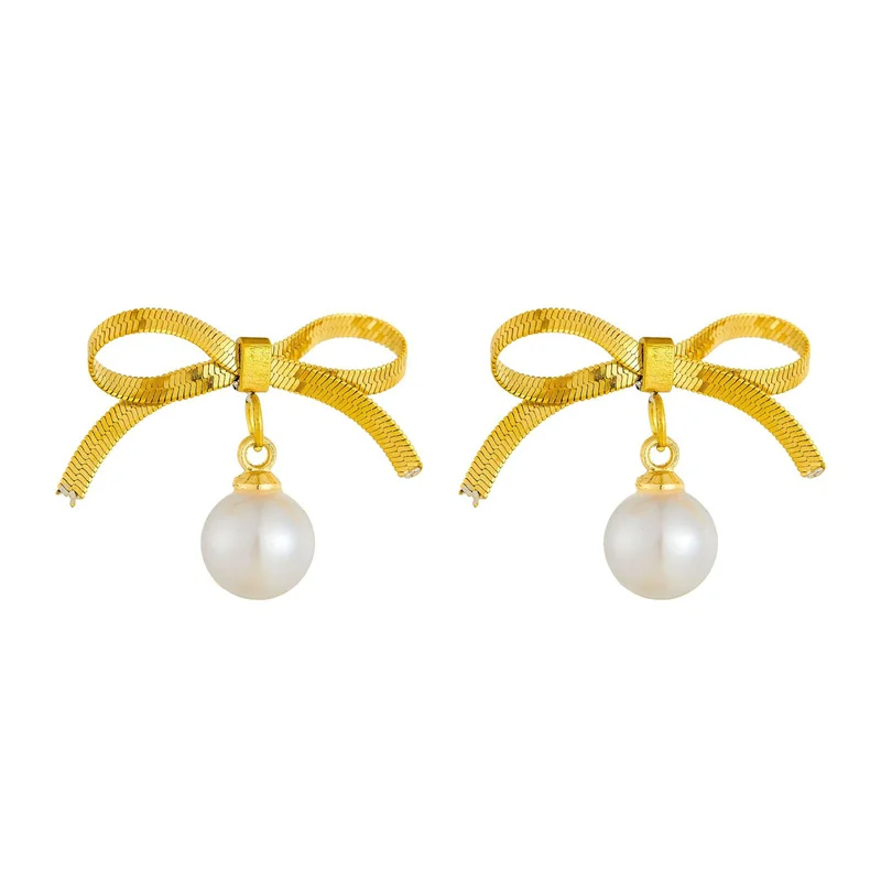 طقم مجوهرات على شكل فيونكة عتيقة من الفولاذ المقاوم للصدأ وقلادة وأقراط من اللؤلؤ، طراز أنيق متعدد الاستخدامات، عصري للنساء