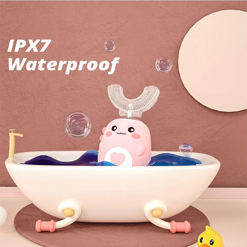 Elektryczna szczoteczka do zębów dla dzieci z bezprzewodowym ładowaniem IPX7, automatycznym obracaniem o 360 stopni i silikonową końcówką modelującą się do kształtu zęba.