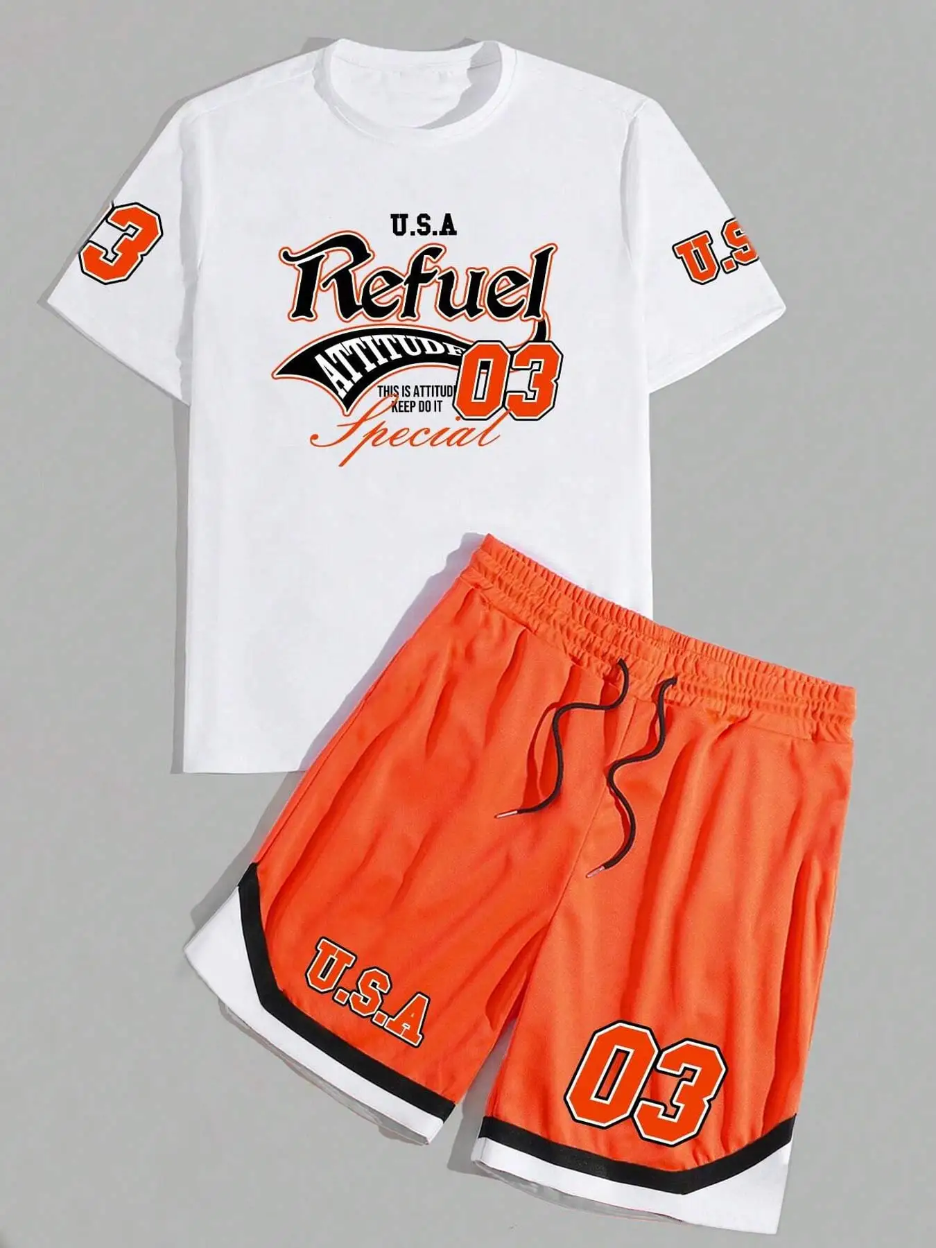 

Men's Sports Summer Set Alphanumeric Print Breathable Basketball Soccer Outfit T-shirt Mid Length Drawstring Shorts With Pocket