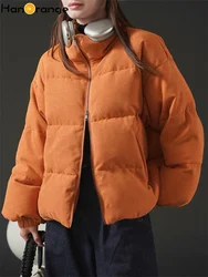 HanOrange 2024 Winter Fashion Turtleneck Bread Parkas Silhouette Down Jacket Fluffy Warm Loose Casual Outer Orange/Blue