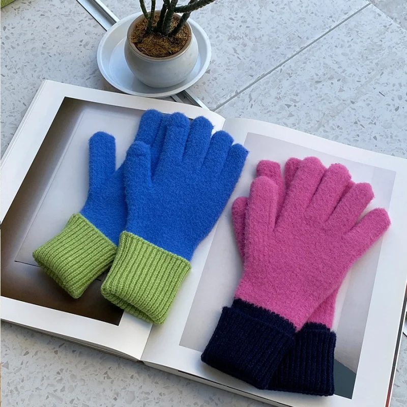 InsInternet-guantes de lana tejidos con contraste de colores para mujer, guantes cálidos de otoño e invierno con pantalla táctil y fugas de dedos