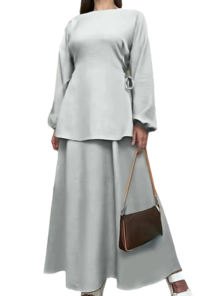 Temperament Elegant Women Suit Long-sleeved Tie Waist Loose Half-body Muslim Skirt Two-piece Commuting Shopping Preferred Trend