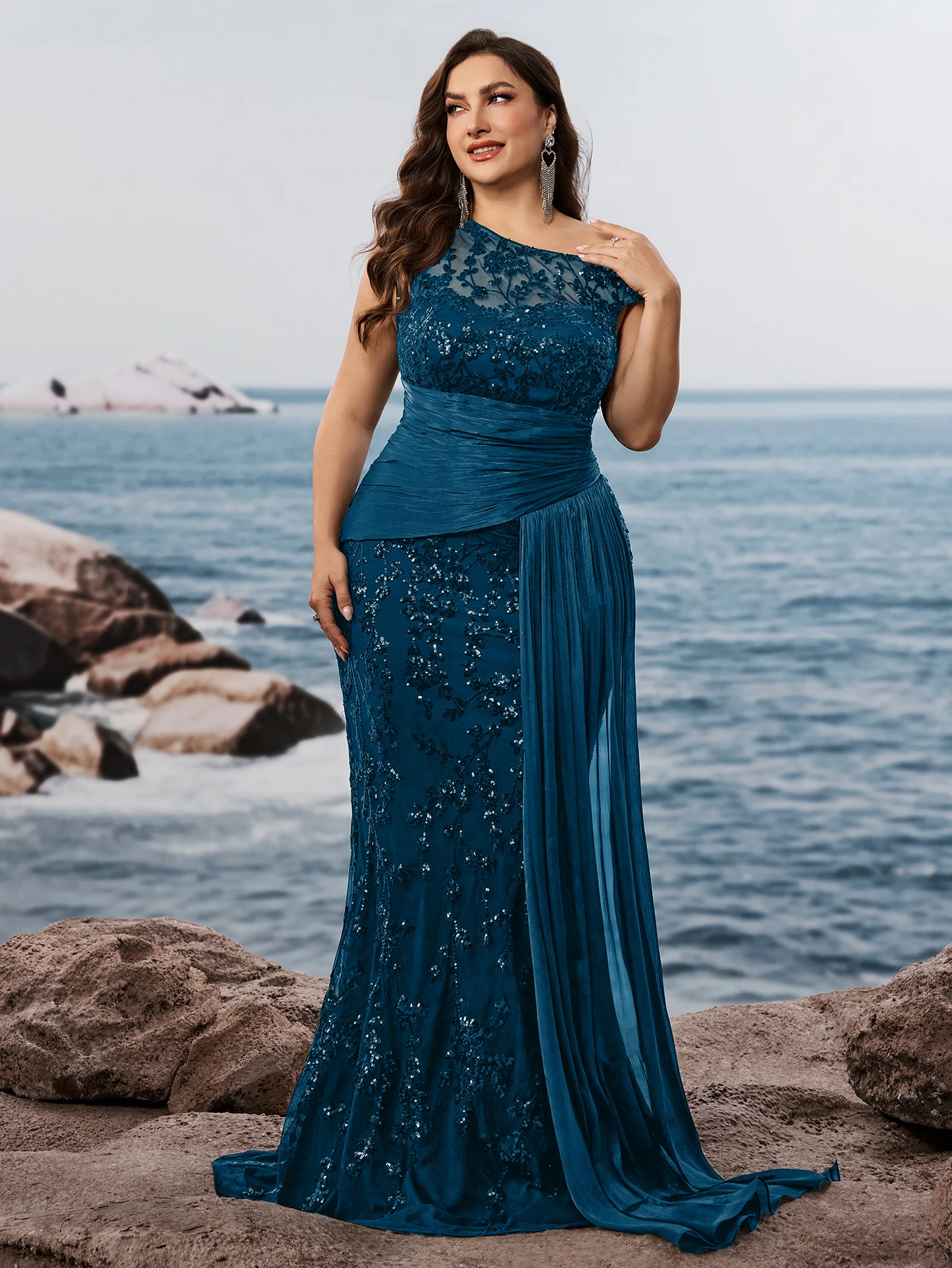 Plus Size Elegant Sleevesless Sequins Patchwork Ribbon Formal Evening Dress Women Mermaid Wedding Party Guest Gowns