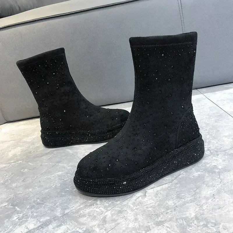 2024 Jesień Zima Nowość Water Diamond Full Diamond Style Sock Boots Luksusowe designerskie ciepłe elastyczne buty Krótkie pluszowe buty bawełniane